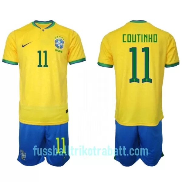 Günstige Brasilien Philippe Coutinho 11 Kindertrikot Heim WM 2022 Kurzarm