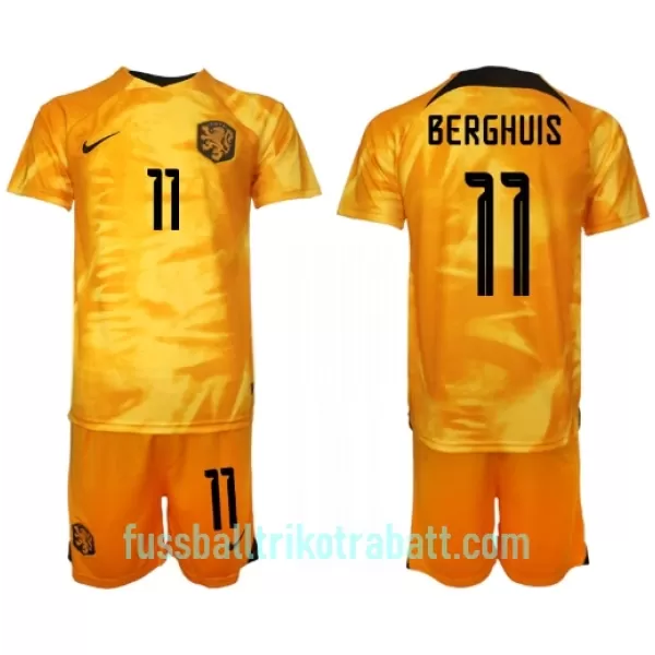 Günstige Niederlande Steven Berghuis 11 Kindertrikot Heim WM 2022 Kurzarm